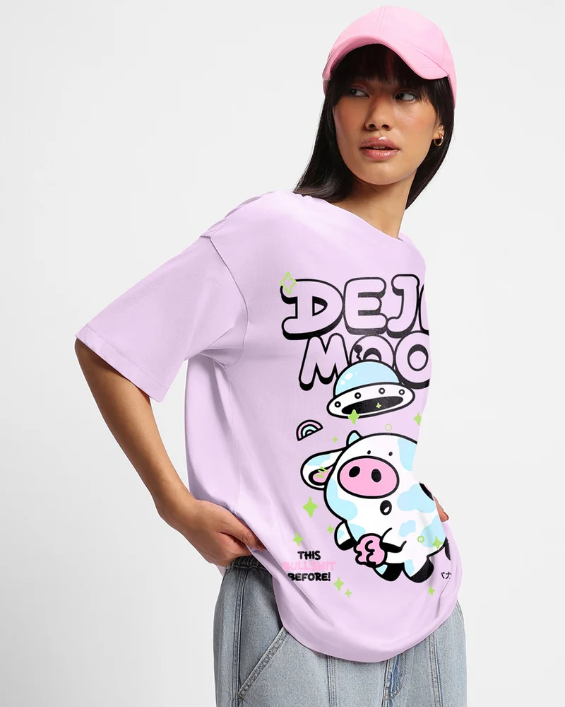 bewakoof Women's Purple Deja Moo Graphic Printed Oversized T-shirt